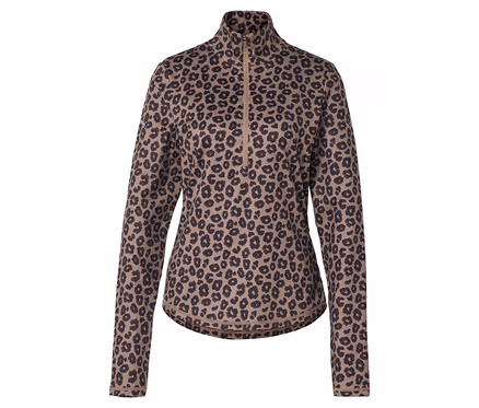 Braunes Thermo-Sportshirt mit Half-Zip und Leopardenmuster.