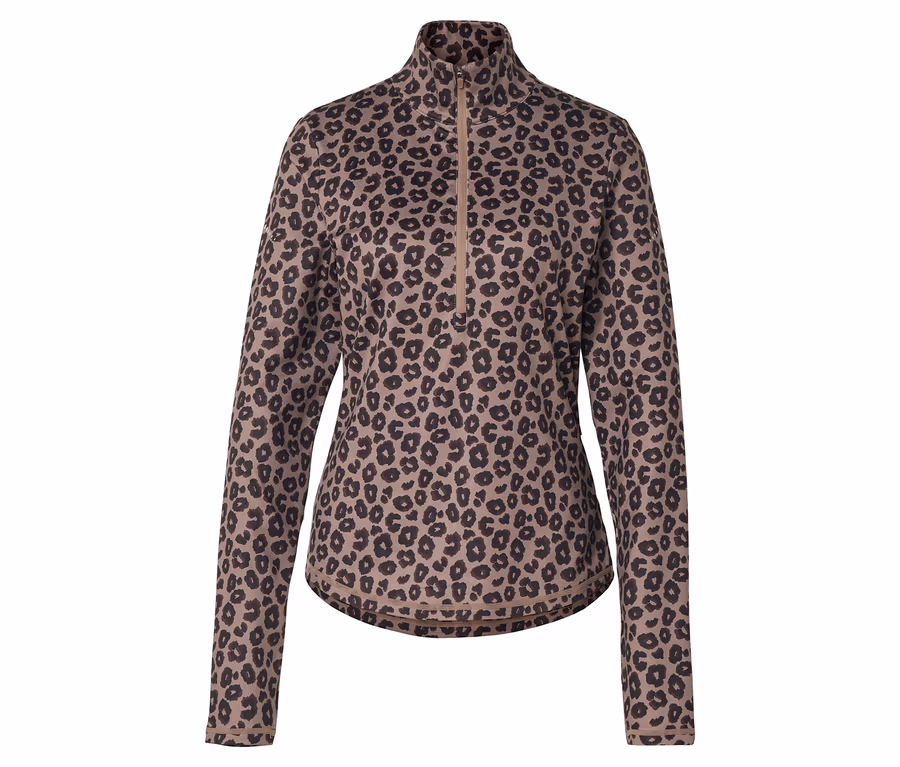 Braunes Thermo-Sportshirt mit Half-Zip und Leopardenmuster.