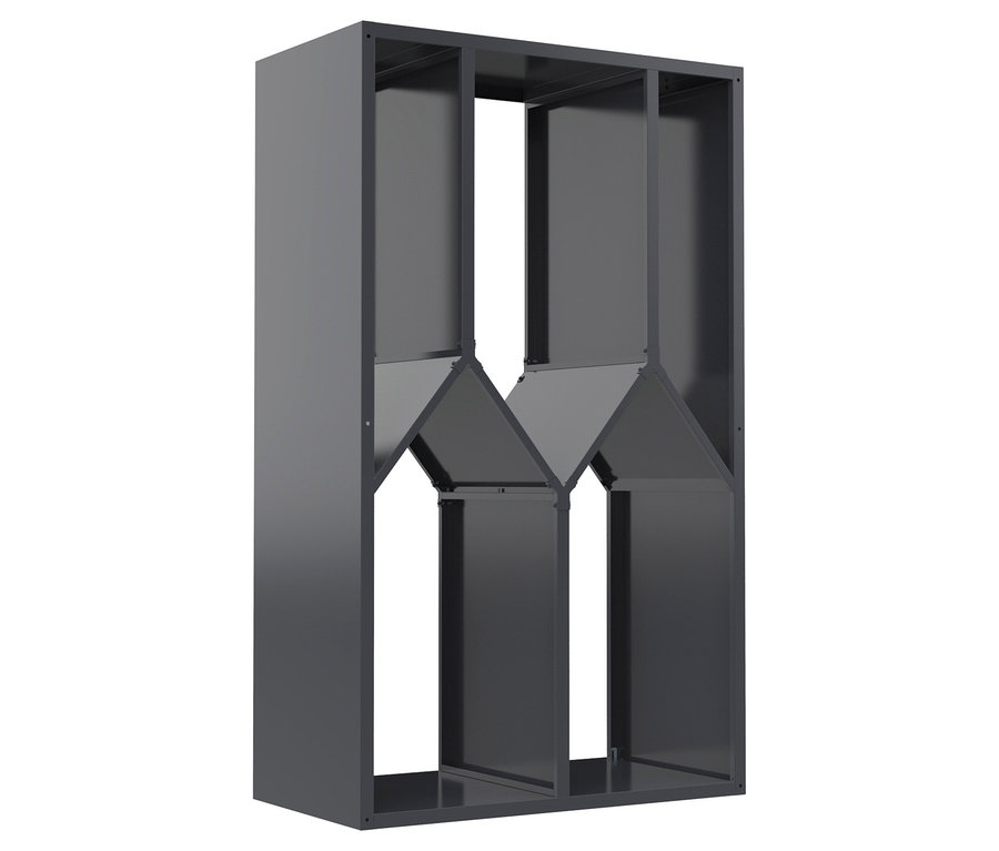 Schwarzes Bücherregal mit drei Fächern.