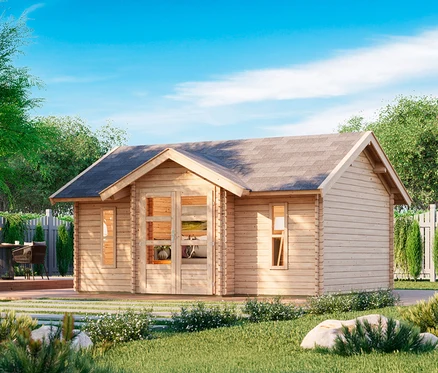 Ein hölzernes Gartenhaus mit grauen Dachziegeln steht auf einer grünen Wiese.
