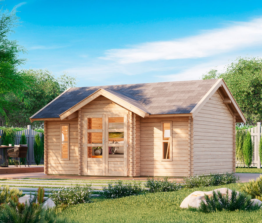 Ein hölzernes Gartenhaus mit grauen Dachziegeln steht auf einer grünen Wiese.