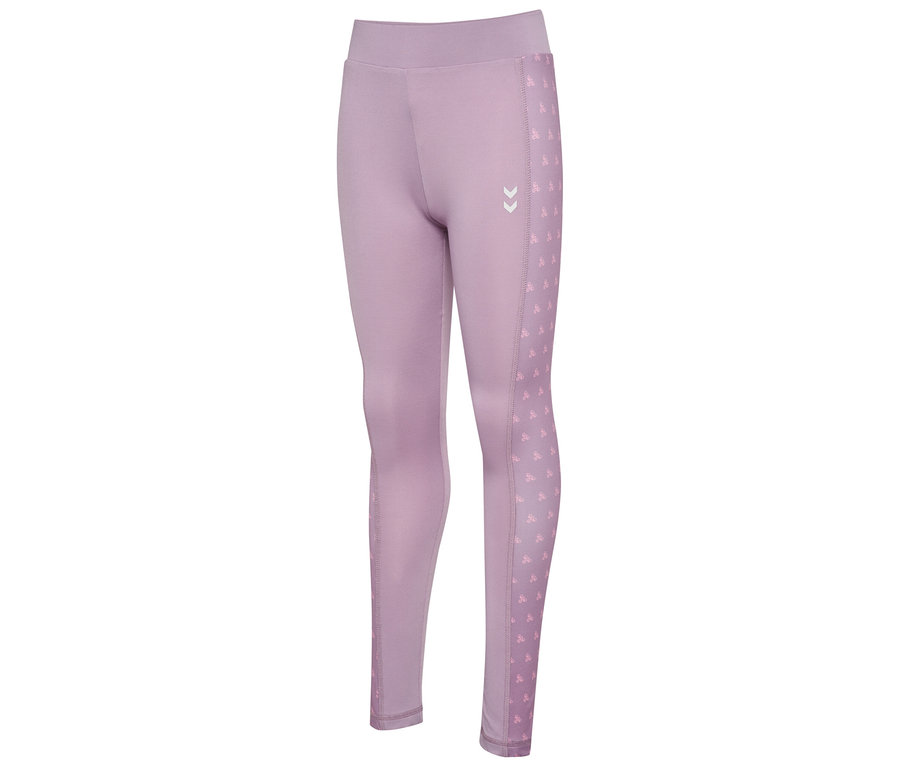 Nahaufnahme der hummel® HMLJR Mix Mid Waist Tight in Lila mit Winkelmuster an der Seite.