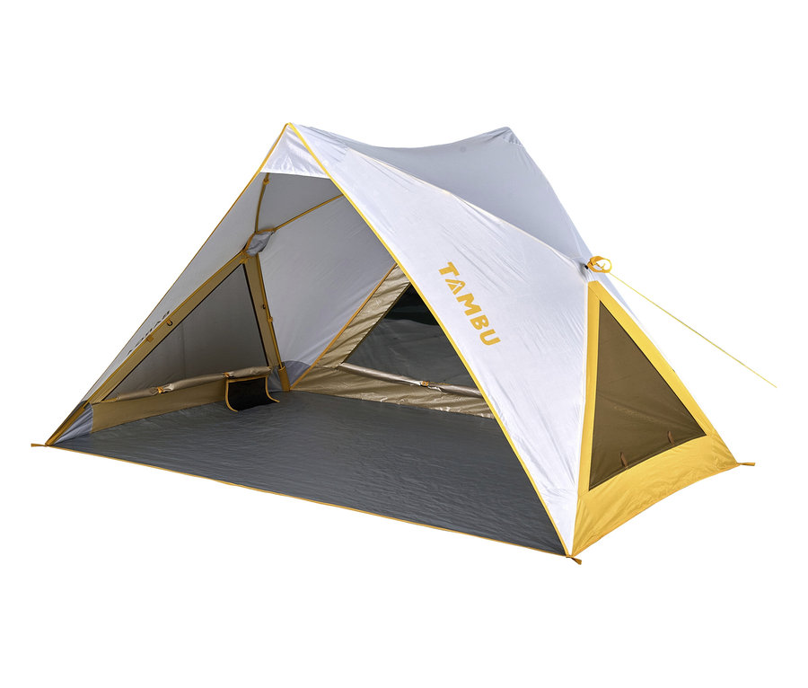 Geöffnete Tambu Strandmuschel »BARGA« in Weiß und Gelb mit grauem Boden.