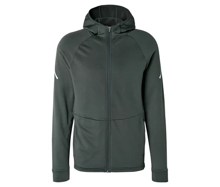 Dunkelgrüne Thermojacke mit Kapuze, durchgehendem Reißverschluss und weißen Akzenten an den Ärmeln.