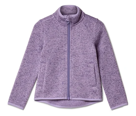 Lila Fleecejacke mit durchgehendem Reißverschluss und zwei Taschen.
