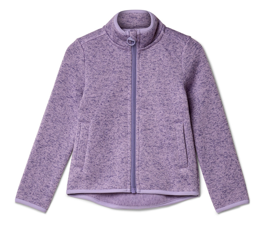 Lila Fleecejacke mit durchgehendem Reißverschluss und zwei Taschen.