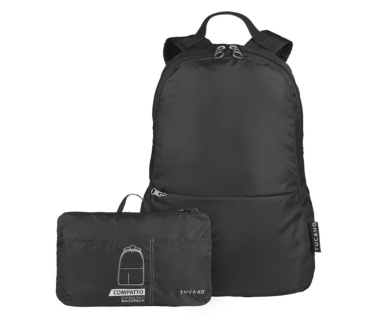 Schwarzer Tucano Rucksack »Compatto Eco« steht neben einer zusammengefalteten Tasche mit Rucksack-Umriss.