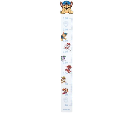 Ein Paw Patrol Wand-Höhenmesser mit Chase oben und Markierungen von 70 bis 150 cm.