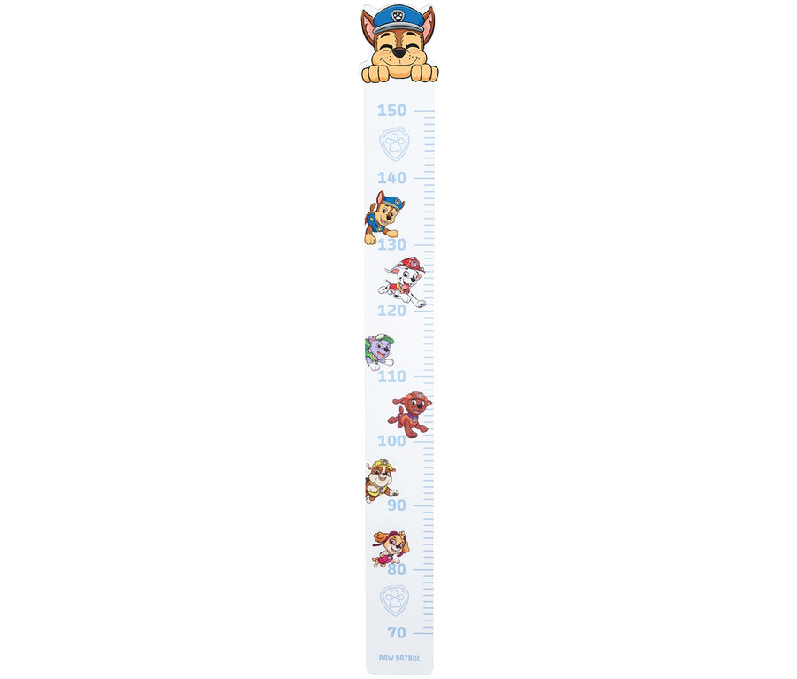 Ein Paw Patrol Wand-Höhenmesser mit Chase oben und Markierungen von 70 bis 150 cm.