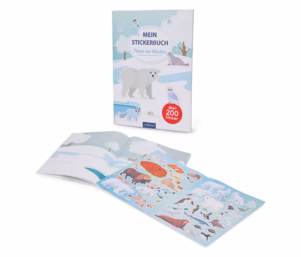 Ein geöffnetes Mein Stickerbuch Tiere im Winter Stickerbuch zeigt Tieraufkleber.