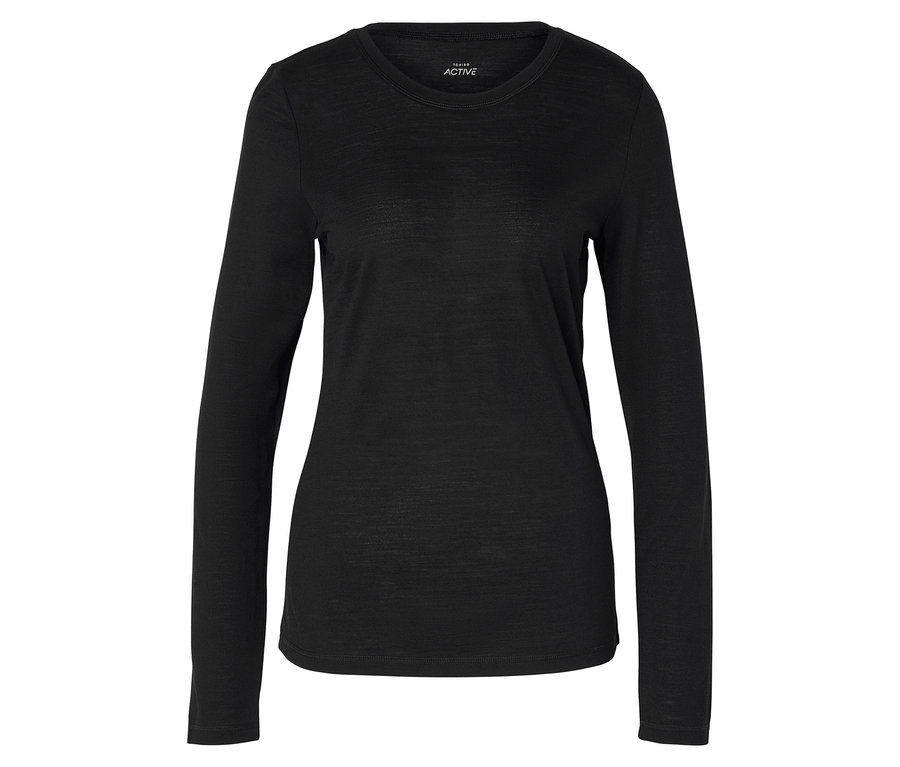 Schwarzes, langärmliges Sportoberteil liegt auf einem weißen Hintergrund.