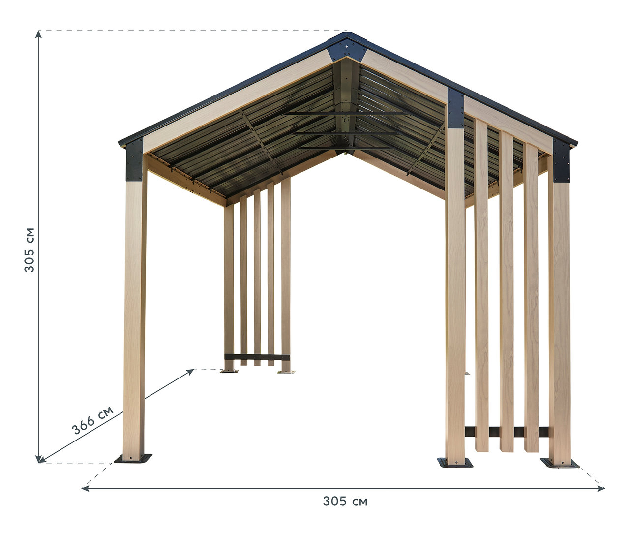 Abbildung eines freistehenden Pavillons mit hellen Holzpfosten und einem Metalldach, das von einem schwarzen Rahmen umgeben ist. Auf dem Bild sind die Maße des Pavillons eingezeichnet.