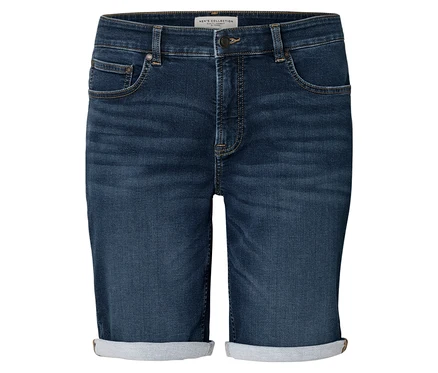 Nahaufnahme von Jeansshorts in Dunkelblau mit hochgekrempeltem Saum.