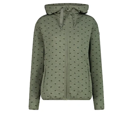 Grüne Kapuzenjacke mit Reißverschluss und dunklem Muster.
