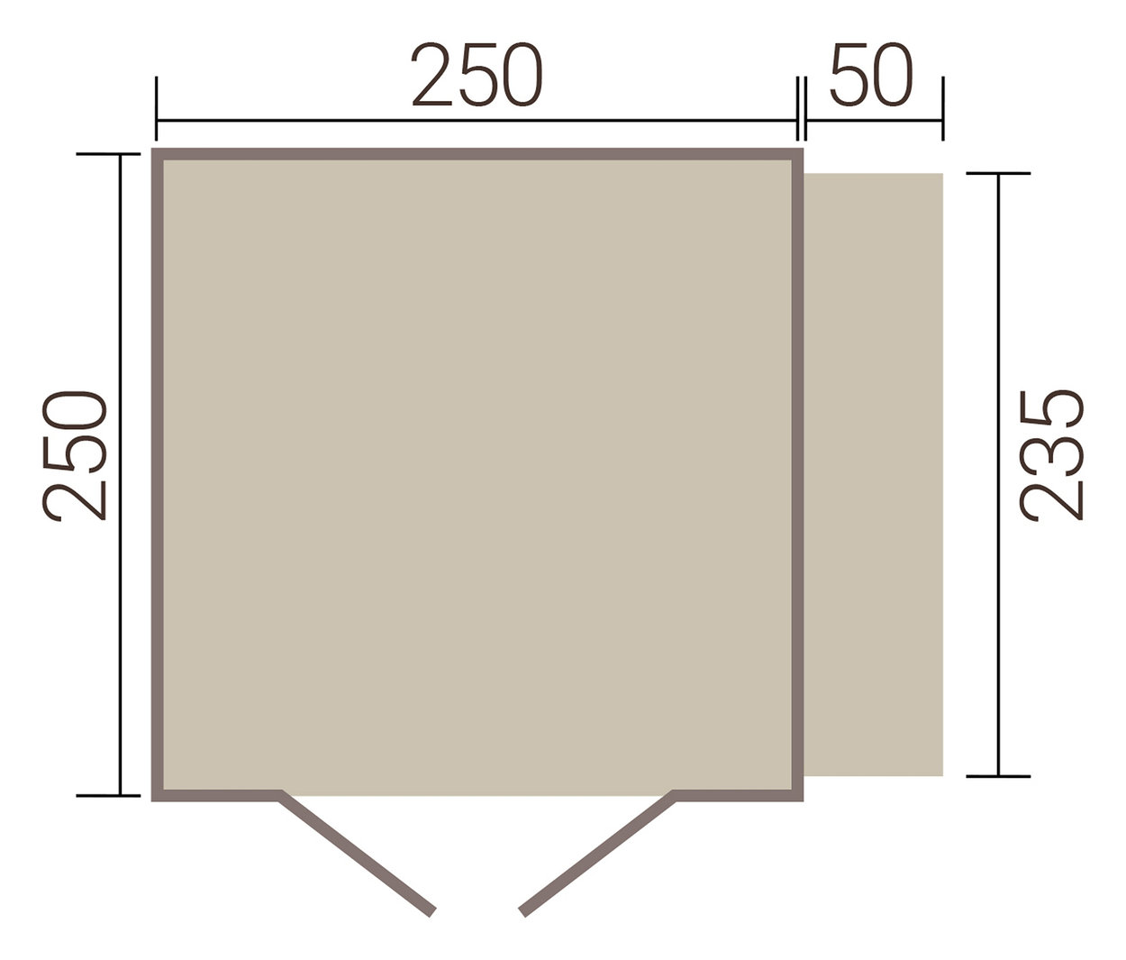 Draufsicht einer rechteckigen Struktur, 250 x 250, mit einem angrenzenden rechteckigen Anbau, 50 x 235.