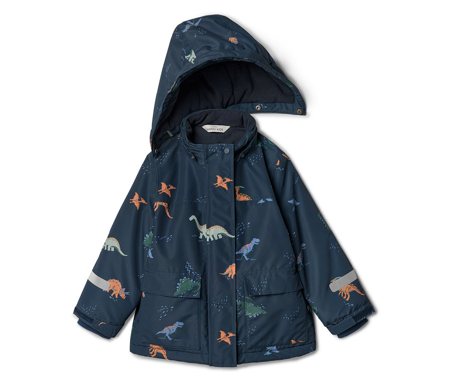 Dunkelblaue Kinderjacke mit Kapuze und Dinosaurier-Muster, geschlossen mit Druckknöpfen.