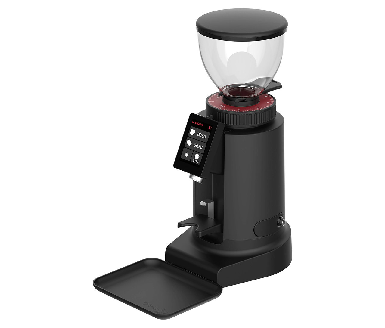 Eine schwarze Kaffeemühle mit einem transparenten Behälter oben drauf.