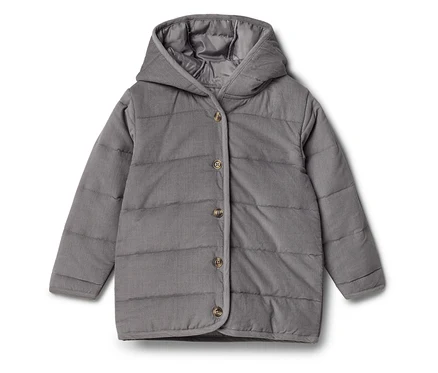 Graue, gesteppte Cordjacke mit Kapuze und Knopfleiste.