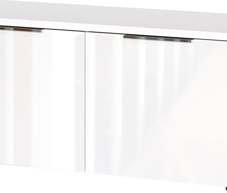 Weißer Schrank mit zwei Türen und Griffen.