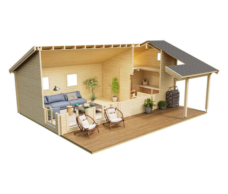 Querschnitt eines Holzhauses mit blauem Sofa, Sesseln und Pflanzen.