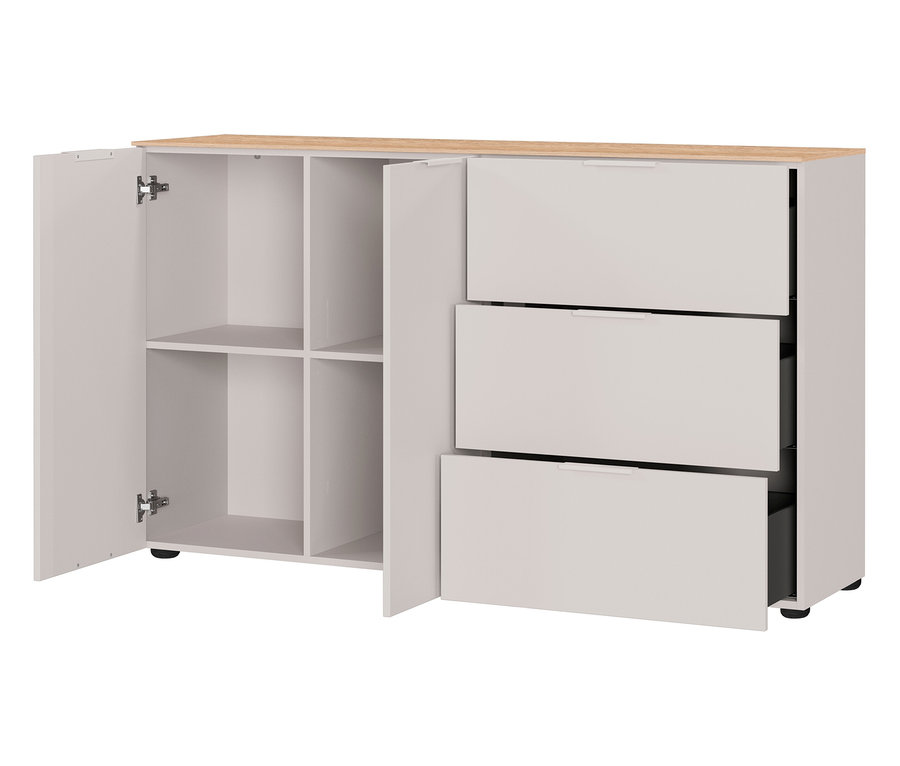 Geöffnetes, kaschmirfarbenes Sideboard »Savoca« mit Eichenplatte und drei Schubladen.
