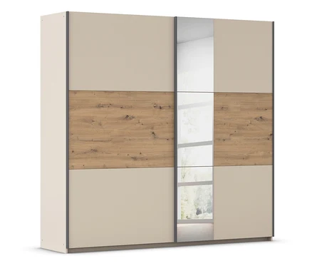 Ein großer Schiebetürenschrank mit einer holzgemusterten horizontalen Fläche zwischen zwei beigen Flächen.