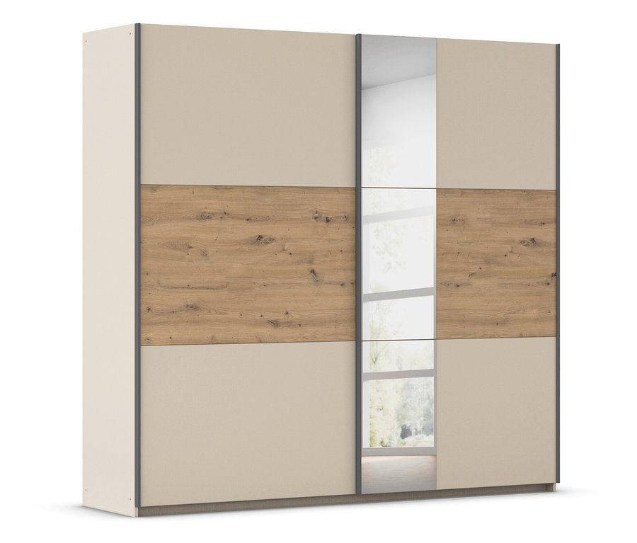 Ein großer Schiebetürenschrank mit einer holzgemusterten horizontalen Fläche zwischen zwei beigen Flächen.