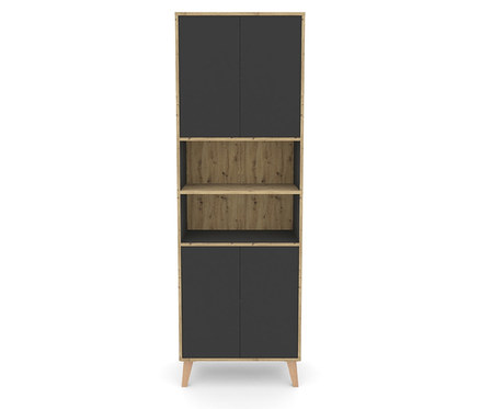 Ein hoher Schrank mit zwei schwarzen Türen oben und zwei schwarzen Türen unten, mit zwei Holzregalen in der Mitte.