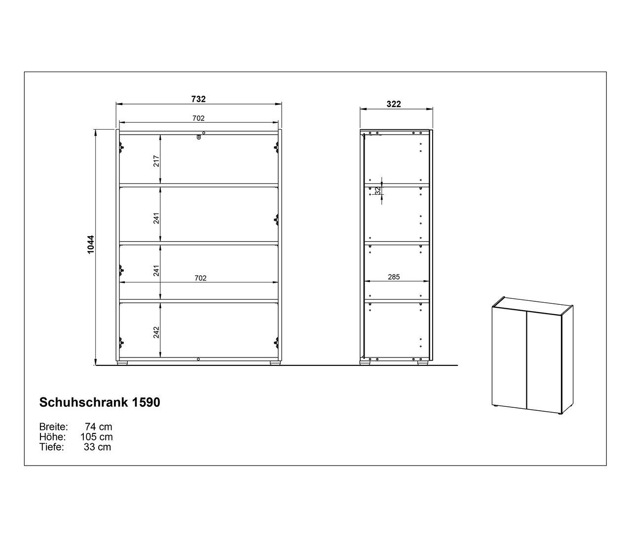 Technische Zeichnung eines Schuhschranks 1590 mit Breiten-, Höhen- und Tiefenangaben.