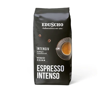 Schwarze Packung Eduscho Espresso Intenso - 1x 1 kg Ganze Bohne mit Abbildung einer Espressotasse.