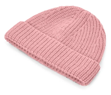 Rosa gerippte Strickmütze mit umgeschlagenem Rand und dezentem Glitzer.