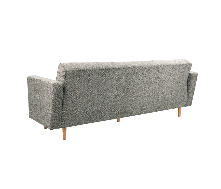 Rückansicht eines taupefarbenen 3-Sitzer Schlafsofas »Janny« mit strukturierter Oberfläche und hellen Holzbeinen.