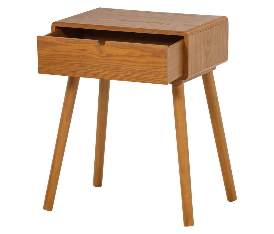 Heller, brauner Nachttisch aus Holz mit einer teilweise geöffneten Schublade und vier konischen Beinen.