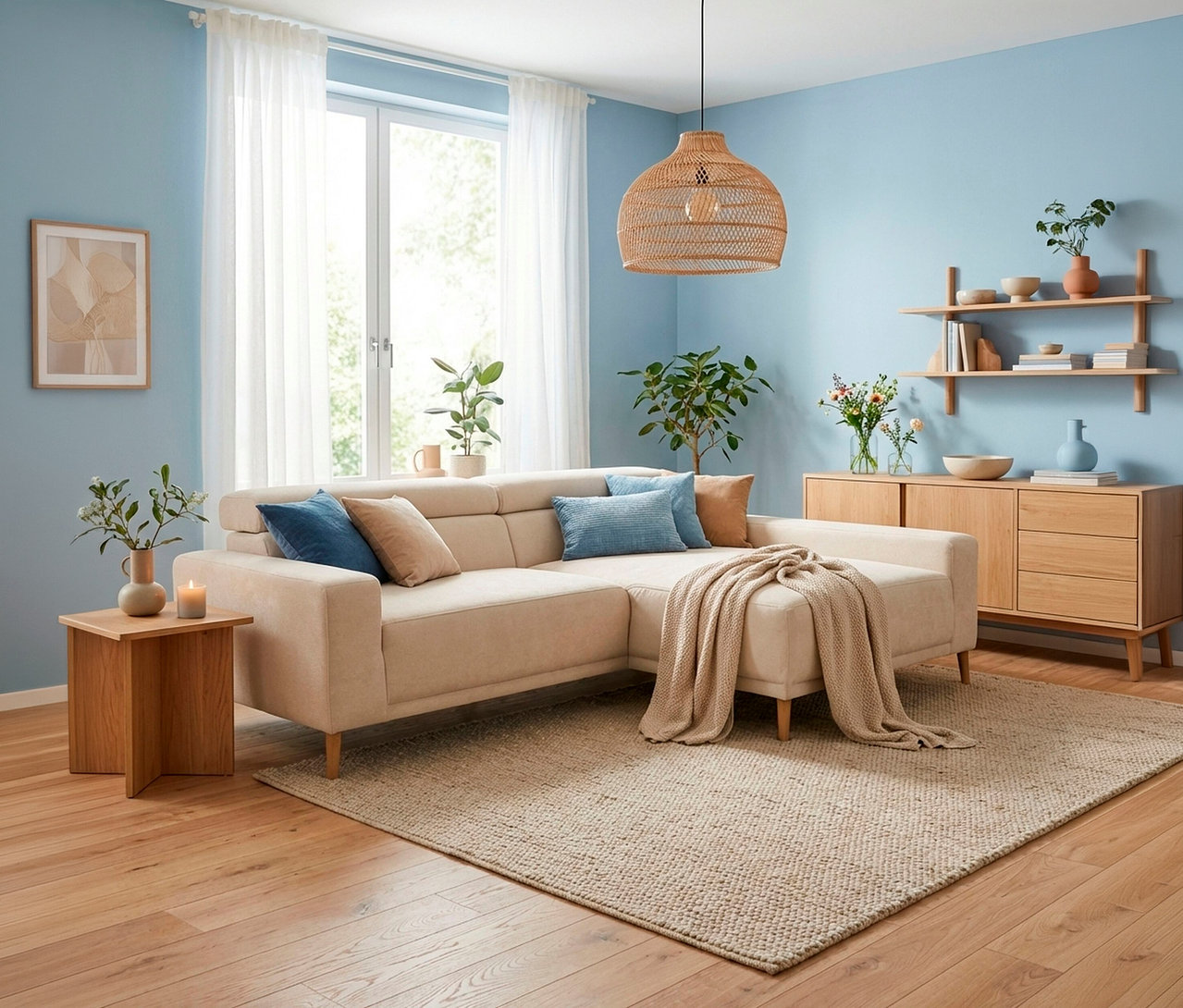 Ein modernes Wohnzimmer mit hellblauen Wänden, einem beigen L-förmigen Sofa mit blauen und beigen Kissen und einer beigen Strickdecke. Ein großer beiger Teppich liegt auf dem Holzboden. Ein hölzerner Beistelltisch trägt eine Vase und eine Kerze, während ein hölzernes Sideboard und schwebende Regale auf der rechten Seite verschiedene Dekoartikel und Pflanzen präsentieren. Eine geflochtene Pendelleuchte hängt von der Decke.