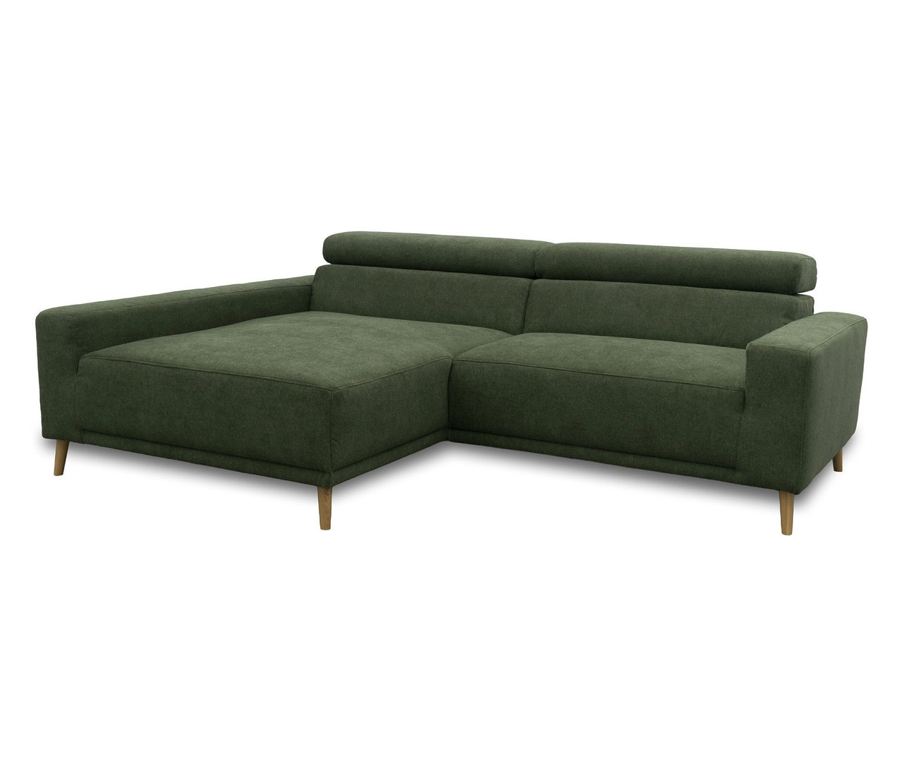 Grünes DOMO Sofa Malmö mit Longchair links, Kopfteilverstellung und Holzfüßen.