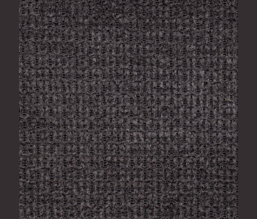 Strukturierter dunkelgrauer Stoff mit einem regelmäßigen Muster aus kleinen, erhabenen, flauschigen Quadraten.