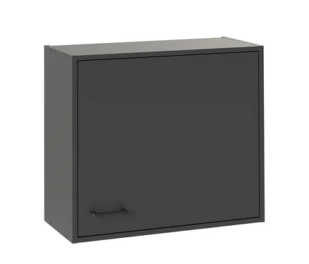 Dunkelgrauer rechteckiger Schrank mit einer einzelnen Tür und einem horizontalen Griff unten links.