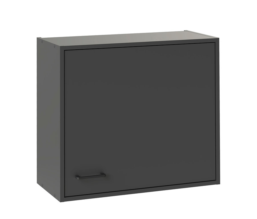 Dunkelgrauer rechteckiger Schrank mit einer einzelnen Tür und einem horizontalen Griff unten links.