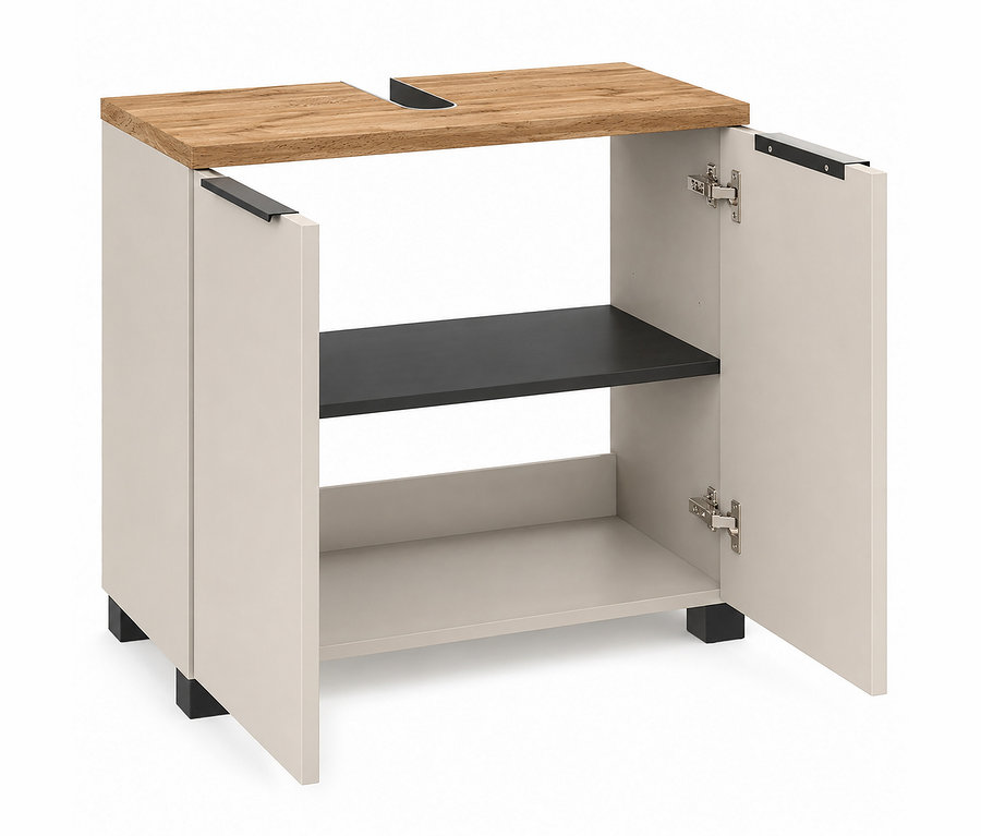 Heller beiger Badezimmer-Waschtischunterschrank mit Holzplatte, zwei offenen Türen und zwei Regalböden, einer schwarz, einer hellbeige.