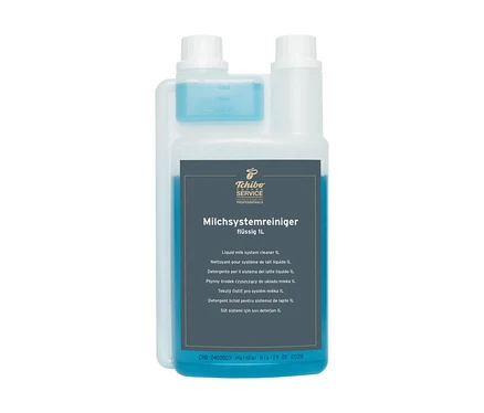 Eine durchsichtige Plastikflasche Milchsystemreiniger flüssig 1L.