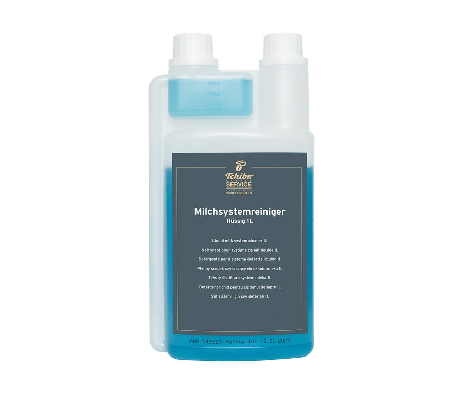 Eine durchsichtige Plastikflasche Milchsystemreiniger flüssig 1L.