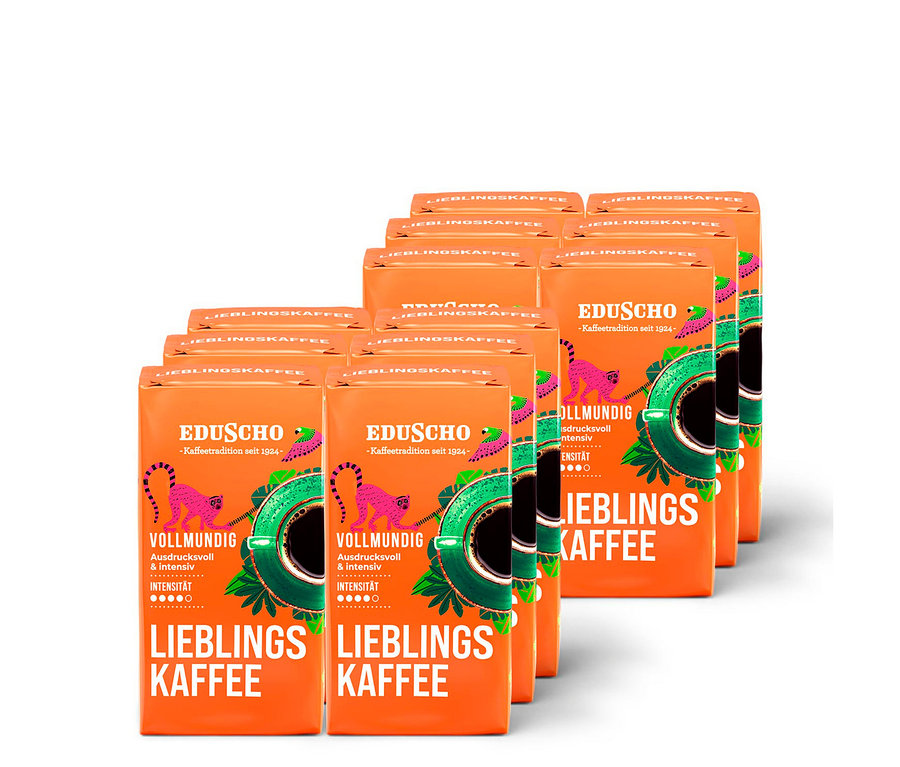 Stapel von Eduscho Lieblingskaffee 12x 500 g Packungen gemahlener Kaffee.