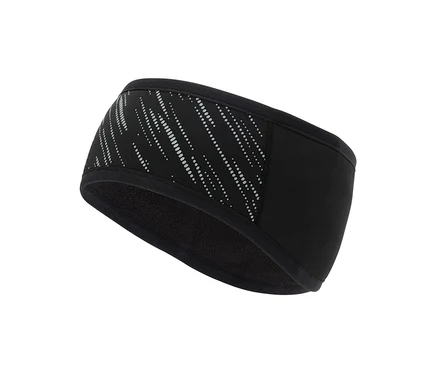 Schwarzes Sportstirnband mit reflektierenden Elementen auf weißem Hintergrund.