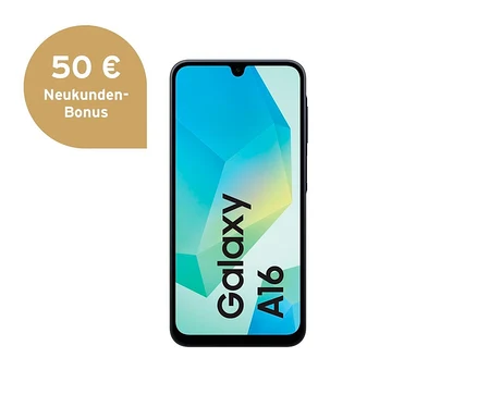 Ein blau-schwarzes Samsung Galaxy A16 LTE 128GB Handy vor einem weißen Hintergrund.