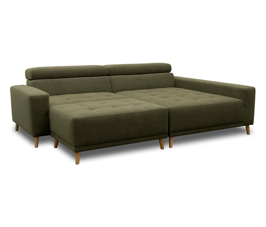 Dunkelgrünes L-förmiges Ecksofa mit getufteten Sitzflächen und hellen Holzbeinen auf weißem Hintergrund.