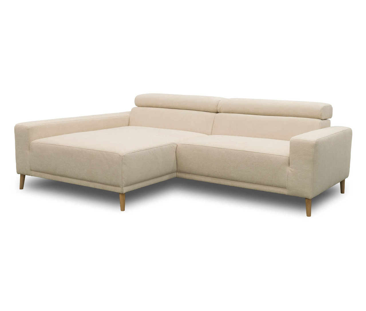 DOMO Sofa "Malmö" in Creme, mit Longchair links, Kopfteilverstellung und Holzfüßen.