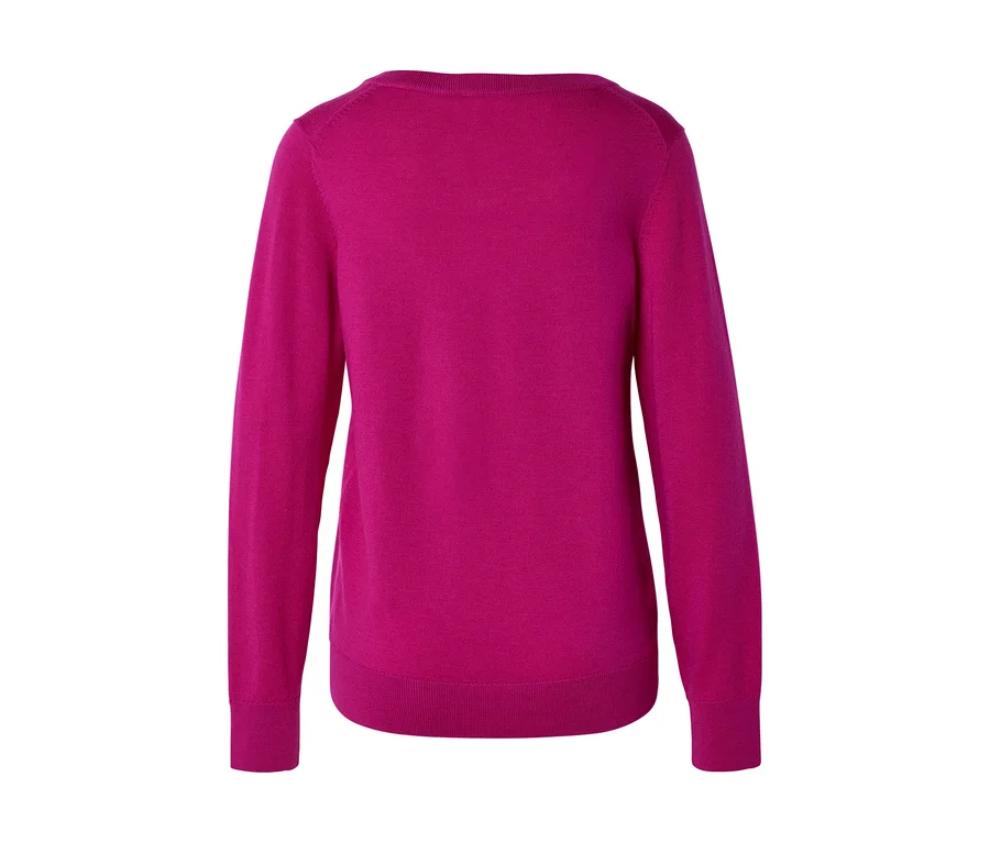 Fuchsiafarbener Pullover mit langen Ärmeln, gerippten Bündchen und Saum, Rückansicht.