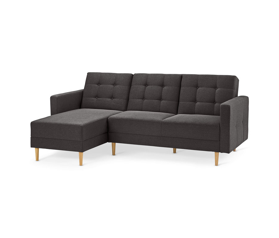 Dunkelgraues Federkern-Eckschlafsofa "Just Relax" mit Stauraumbank und getufteter Rückenlehne, auf Holzfüßen.