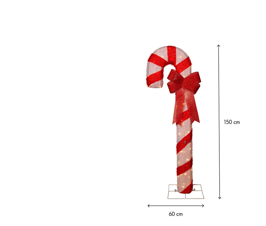 Große, stehende Weihnachts-Zuckerstange-Dekoration mit rot-weiß glitzernden Streifen, einer roten Schleife und kleinen Lichtern. Sie ist 150 cm hoch und 60 cm breit.