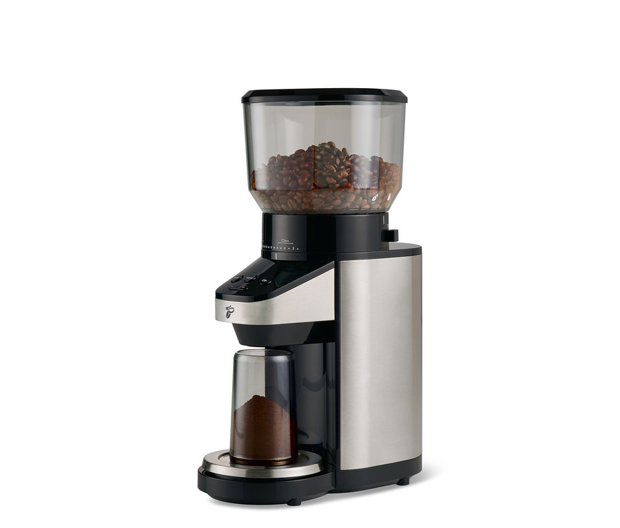 Eine elektrische Kaffeemühle mit Waage. Oben befindet sich ein Behälter mit Kaffeebohnen, unten ein Behälter mit gemahlenem Kaffee.